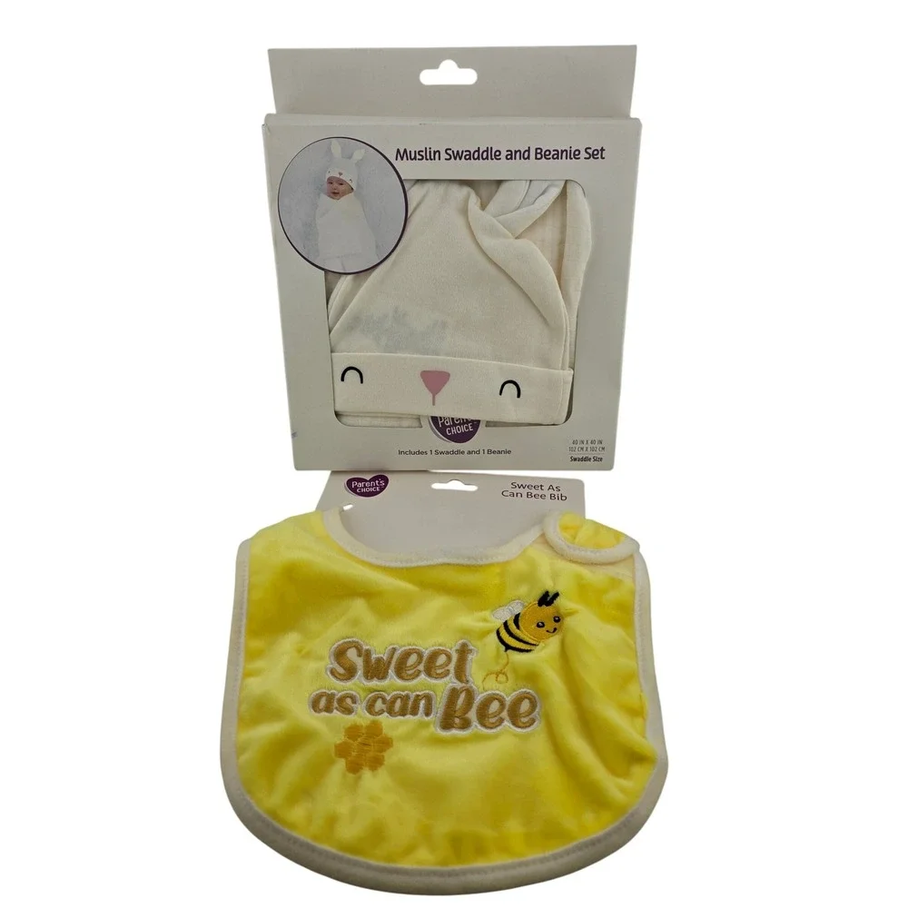 Parent's Choice Baby Swaddle‎ and Beanie Set with Bib 2-Piece Bunny New